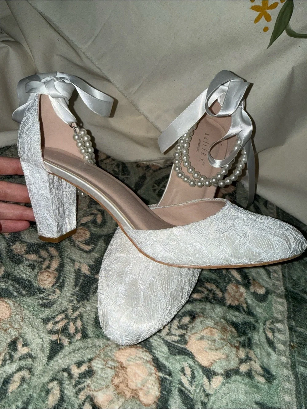 white lace satin  Ankle-Tie Block Heel Pumps - Women